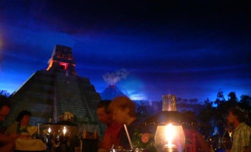 Pyramid and volcano in the distance at San Angel Inn